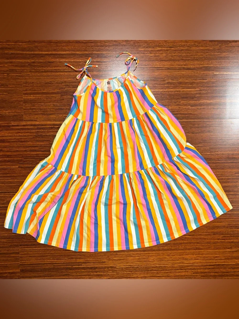 Tea Collection Girls Lamu Sunset Stripe Tiered Tie Shoulder Dress Size 8